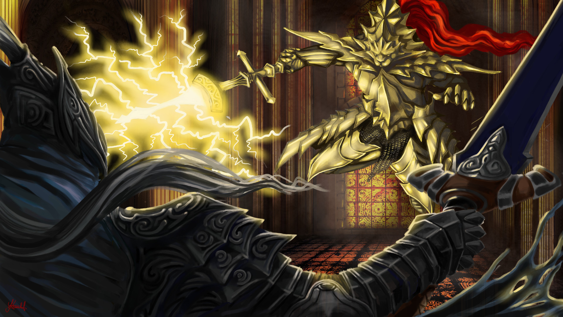Dragon Slayer Ornstein vs. Knight Artorias. 