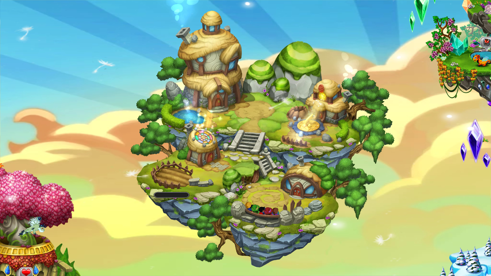 In-game screenshot of the entire Event Island. For this event, I only created the 3 back buildings, while the other wondeful artists at Backflip created the island and front-most building. 
