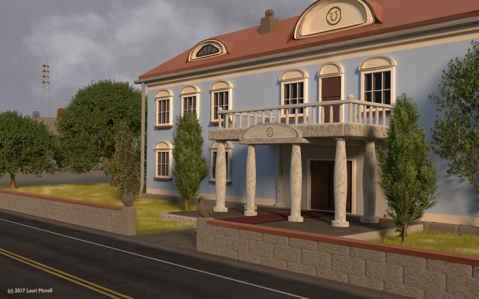 An early version of the mansion (not very photorealistic) with a slight rain effect, from 29.5.2017.