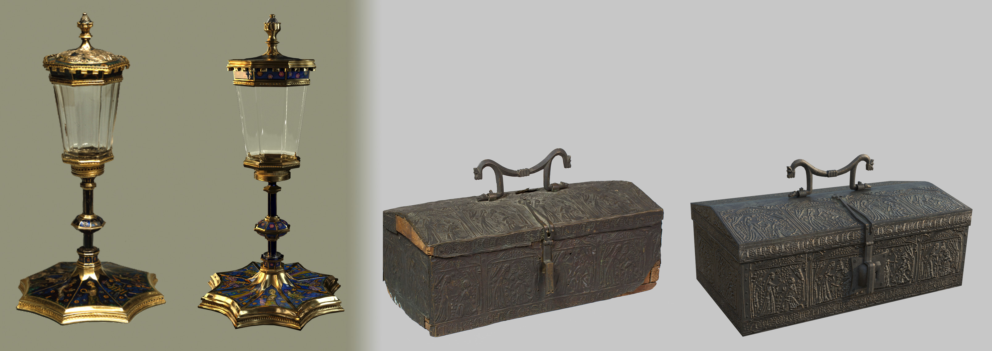 Both medieval objects with their reference. In the case of the metal-chest, damaged areas were "repaired" according to reference and techniques of the time. 