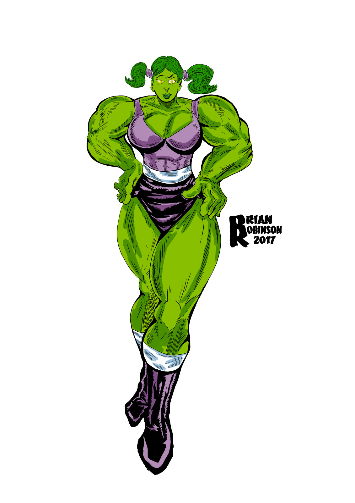She-Hulk in pigtails drawing pinup color by Brian Robinson