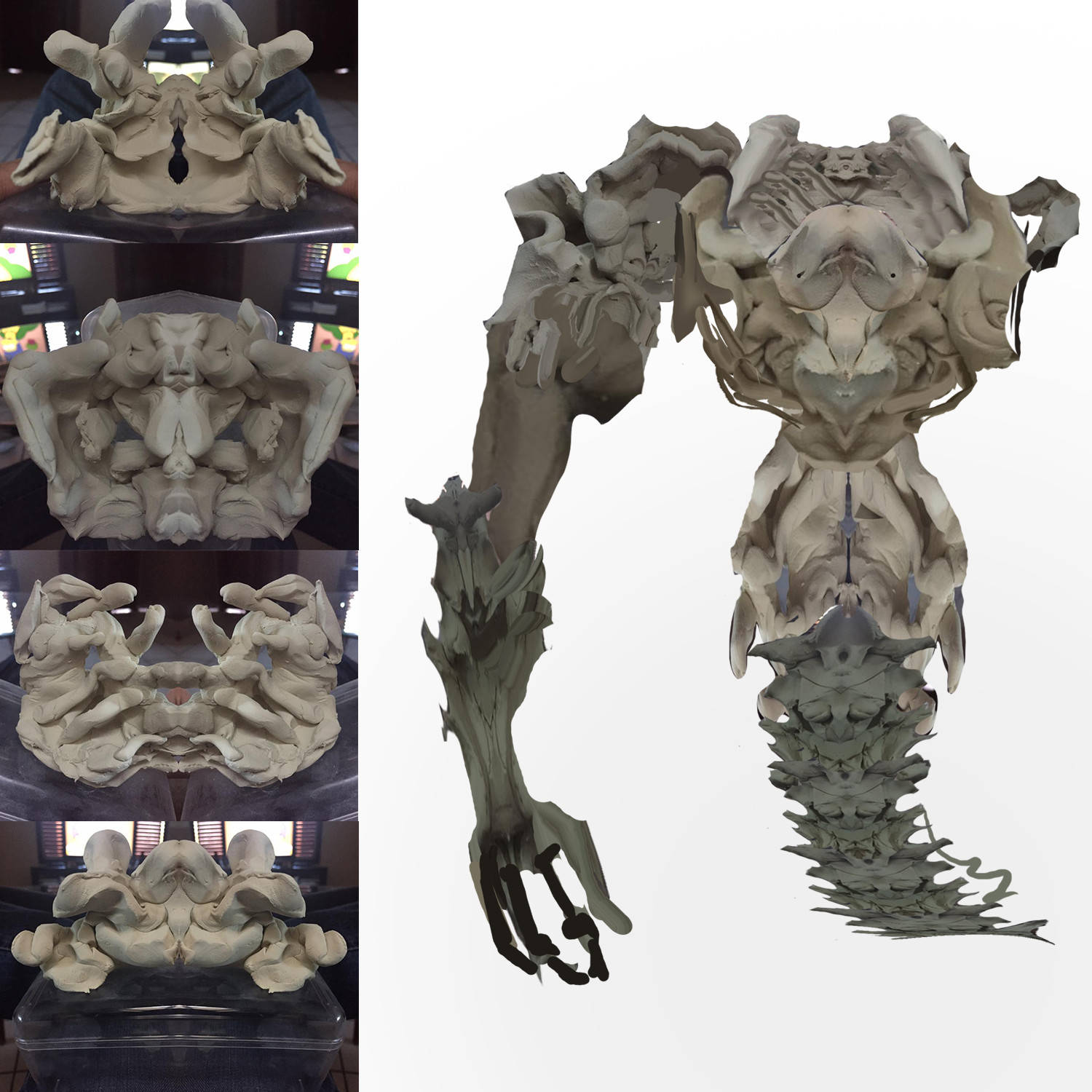 Using clay and a mirror photofilter I made many of these organic shape explorations. I kitbashed the one's I liked the most.