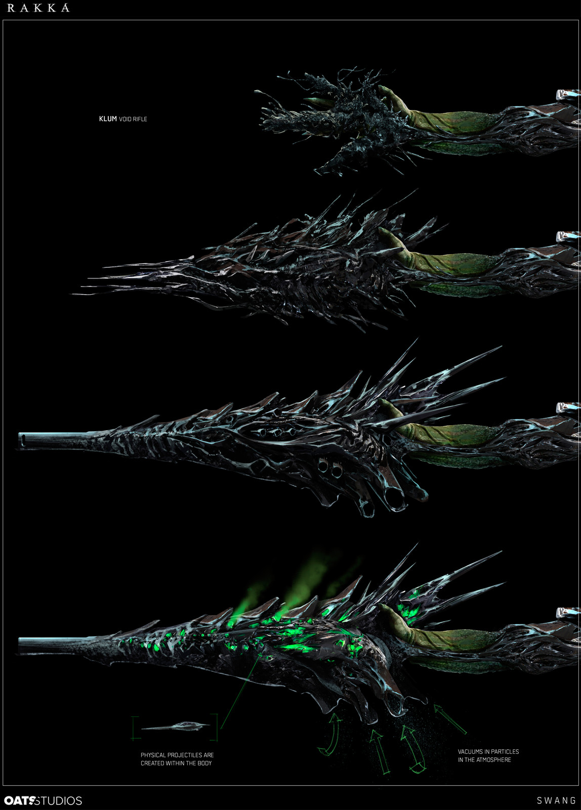 The weapons essentially shared the same technology. The idea that made it to the final film is this one, where the gun vacuums the particles in the air, mixing it with Swax to create ammunition.