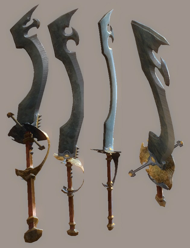 GW 2 weapons: Rapier Cutlass, speargun, and lava focus, horn, &amp; torch