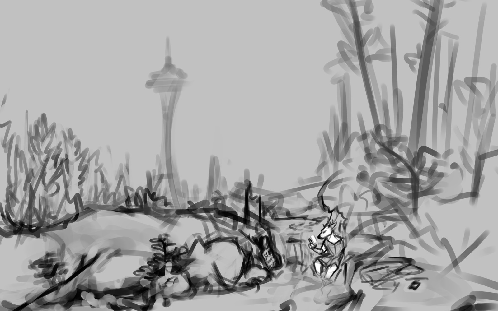 The original concept sketch made in December 2016. Traveler (the deer) was on her phone instead of playing the violin. The referenced location of the scene was along the Alaskan Way Viaduct, just before passing under 1st Avenue. 