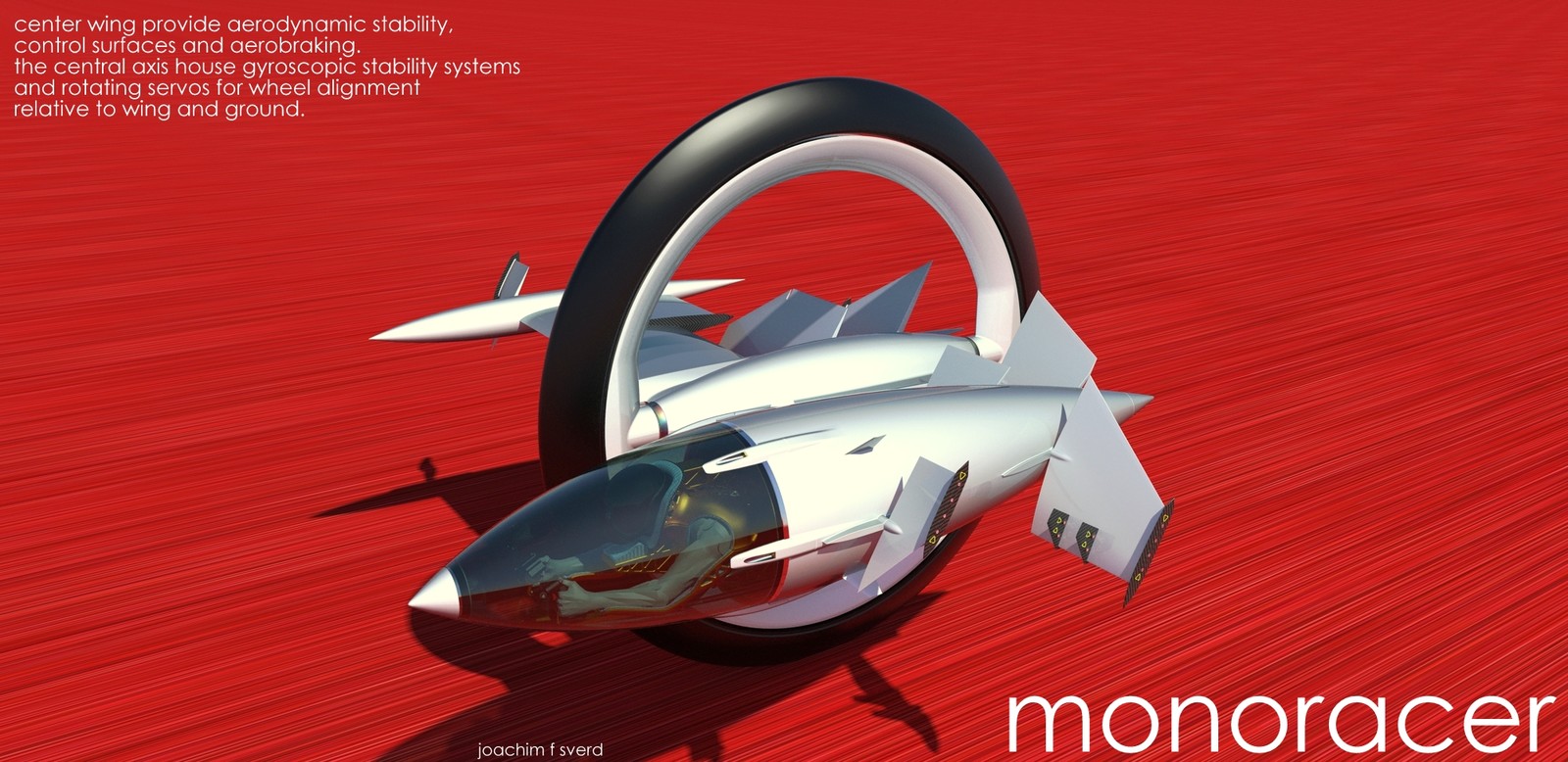 Monowheel racing bike with counterbalanced center wing seen her in full aerobraking mode