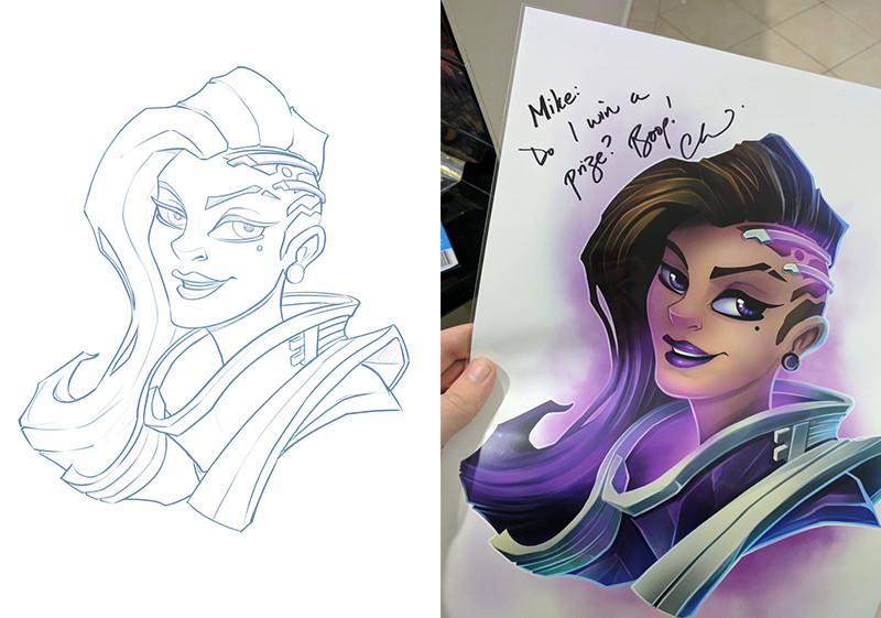 Rough sketch + the final print signed by Carolina Ravassa, a gift for a buddy! 