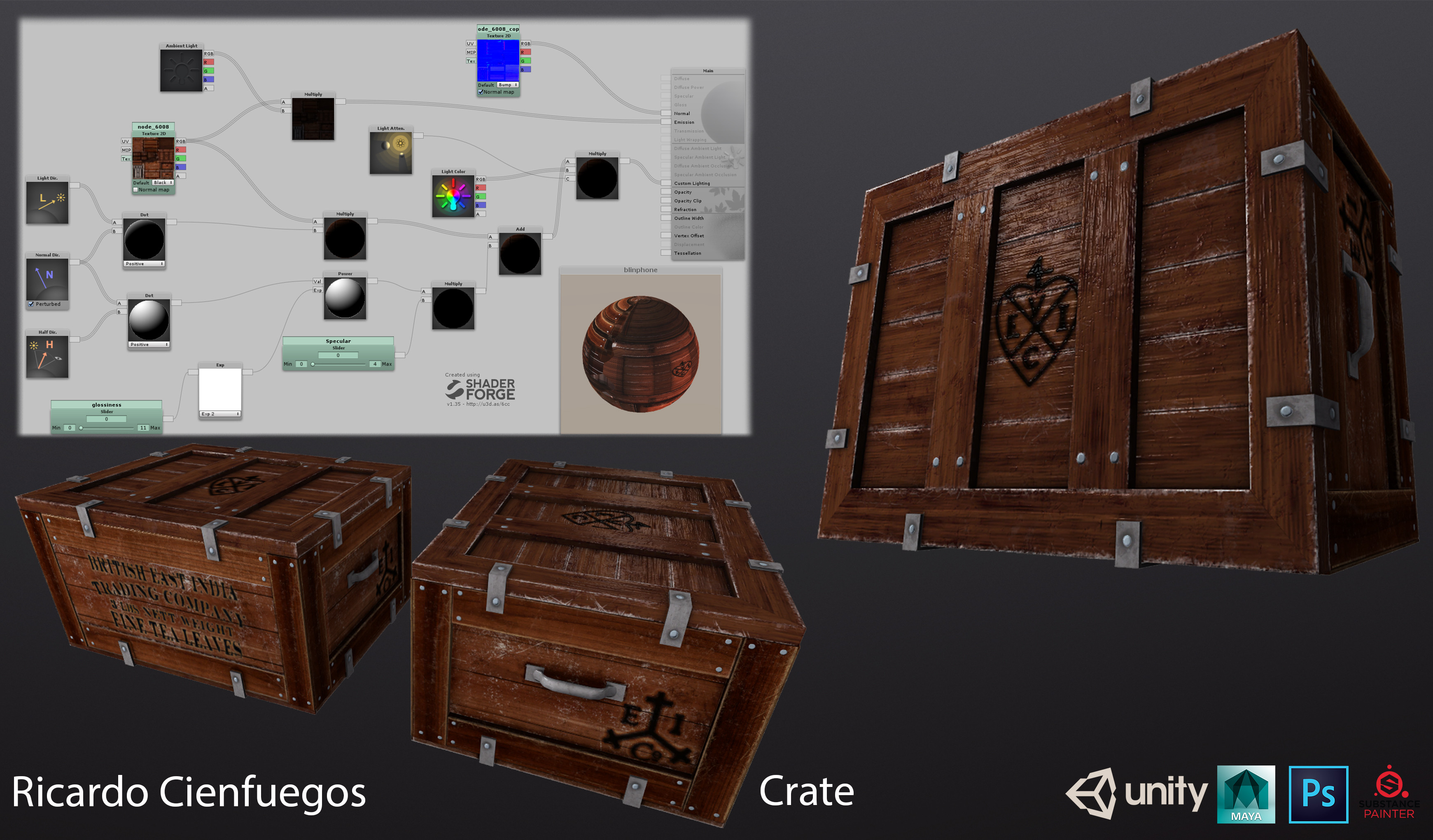 For this particular prop I wanted to create the spec/gloss effect within the material without using the roughness maps I had created.