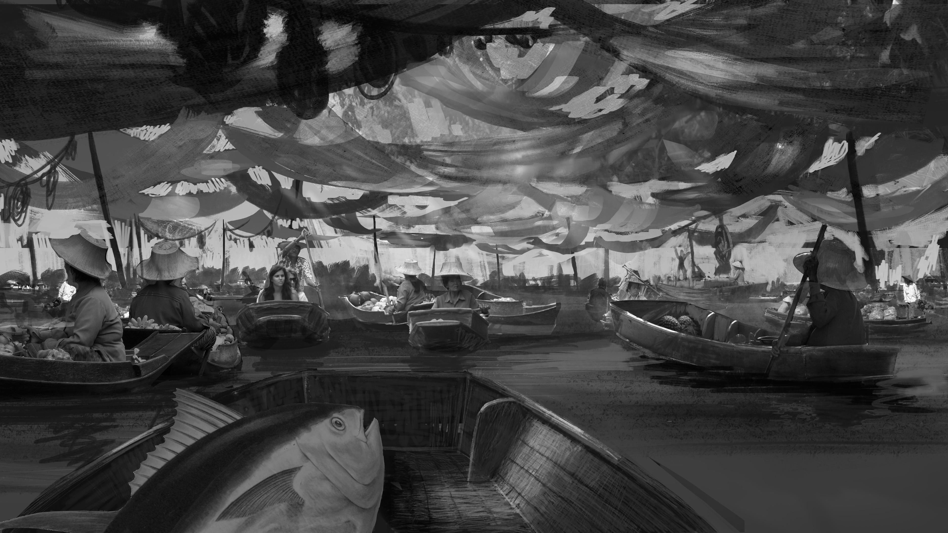 As in the sketch, i started adding some hanging drapery, had a hard time figuring out the shapes.
