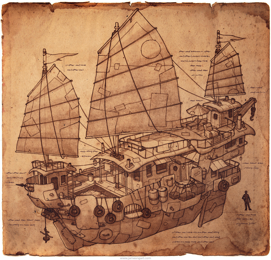 Concept art for steampunk sailboat made from junk