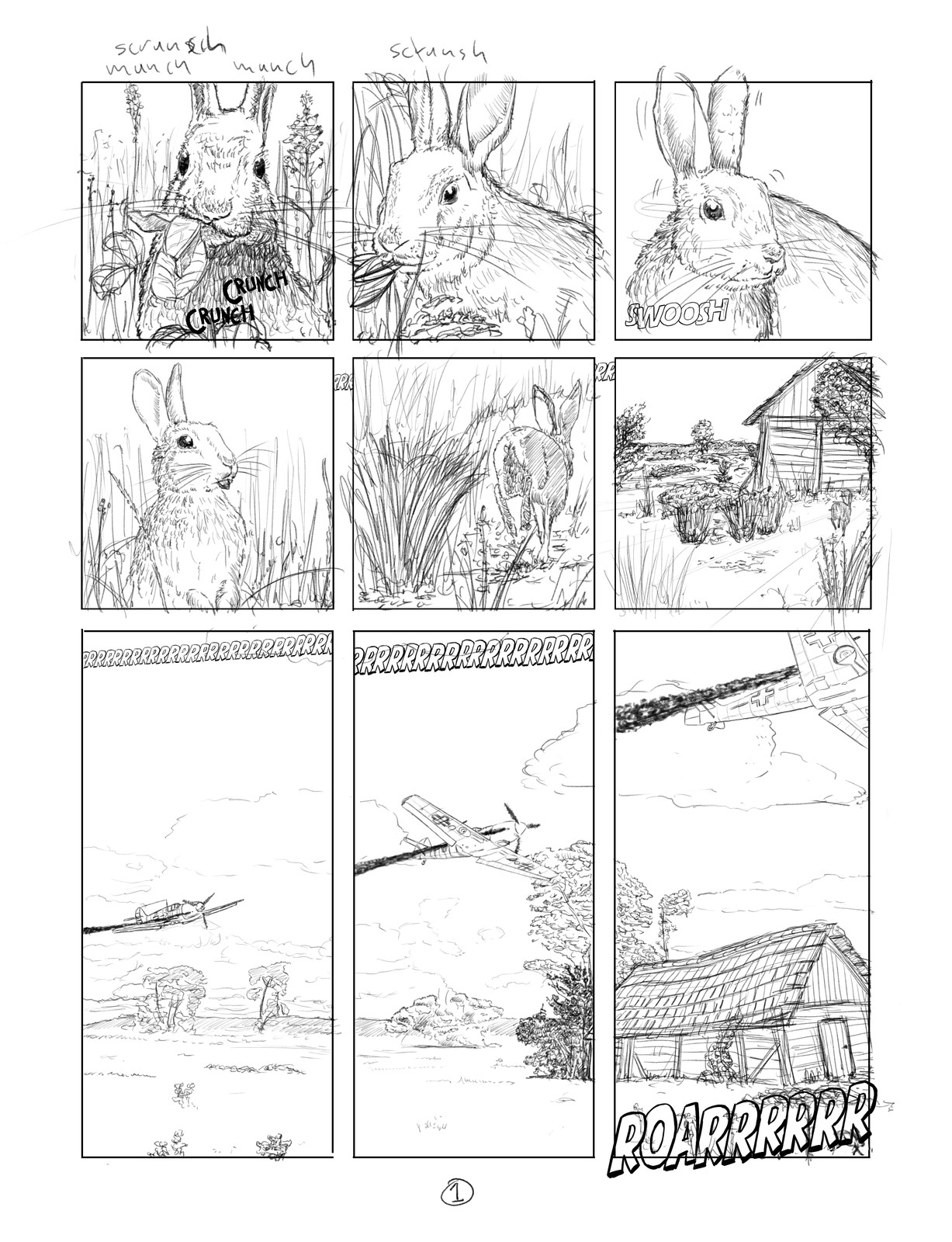 Pencils for page one of a twelve page sequence. Bunnyrabbits and a  Messerschmitt B 109. Stay tuned for more.