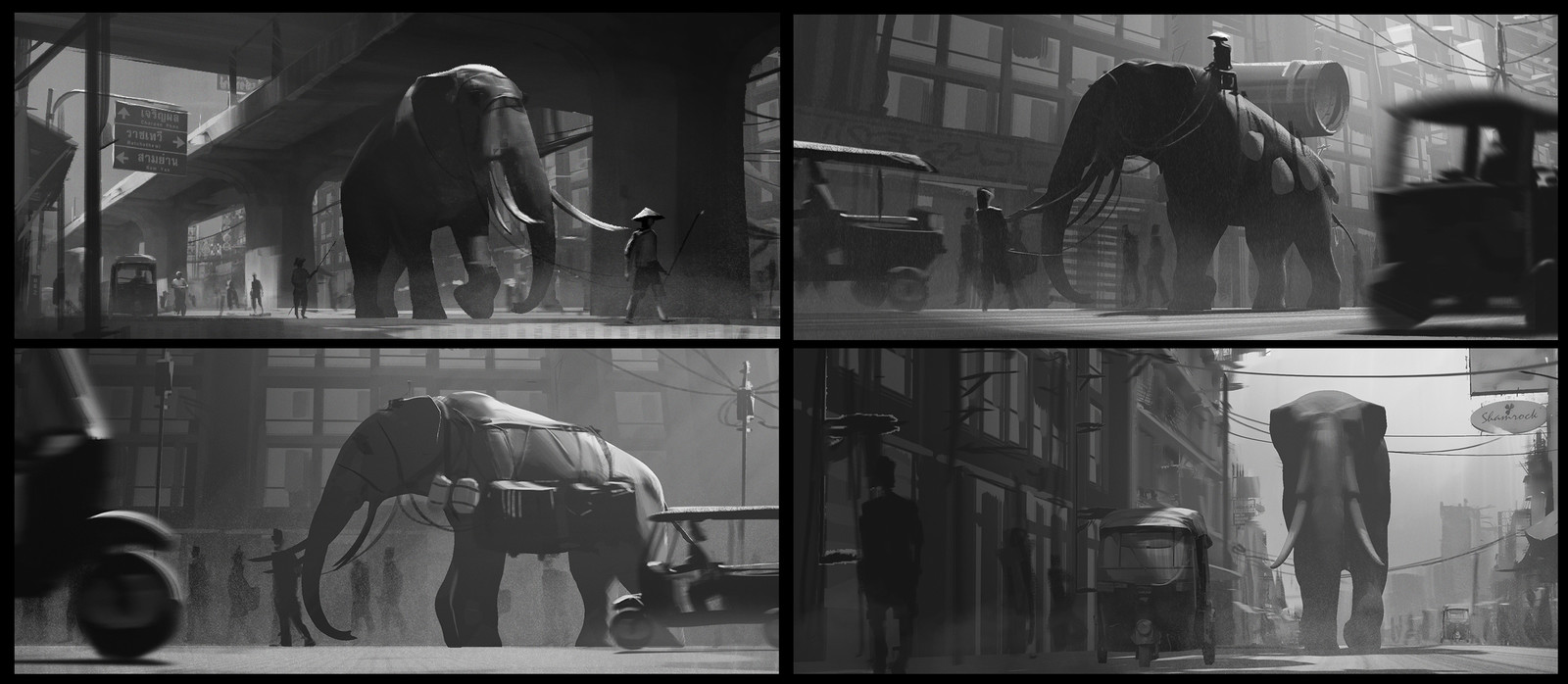 Then I went straigh to Zbrush to model a simple version of the creature. Then I used it in photoshop to generate quick black and white ideas to decide what kind of image to do.