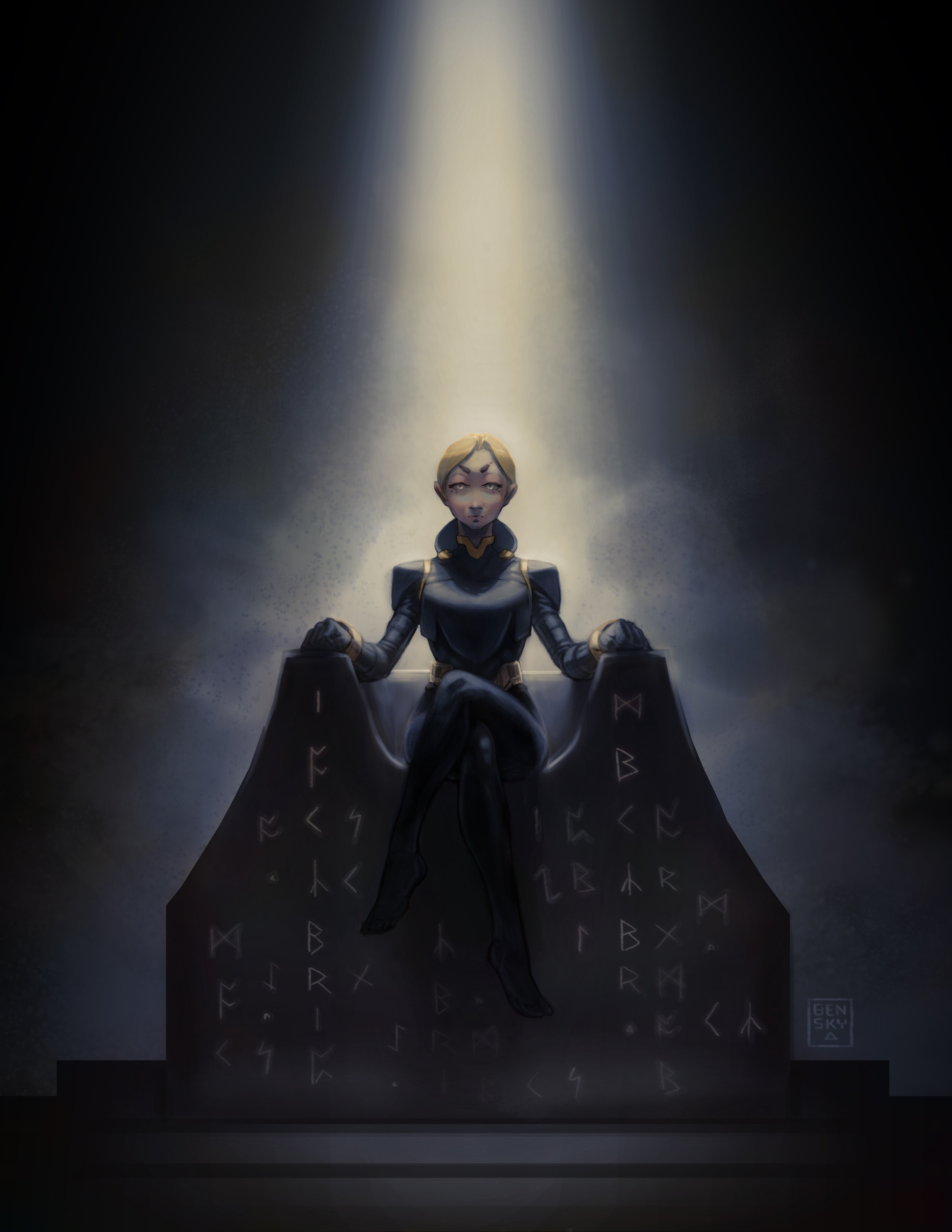 The Queen sitting on a runic throne.