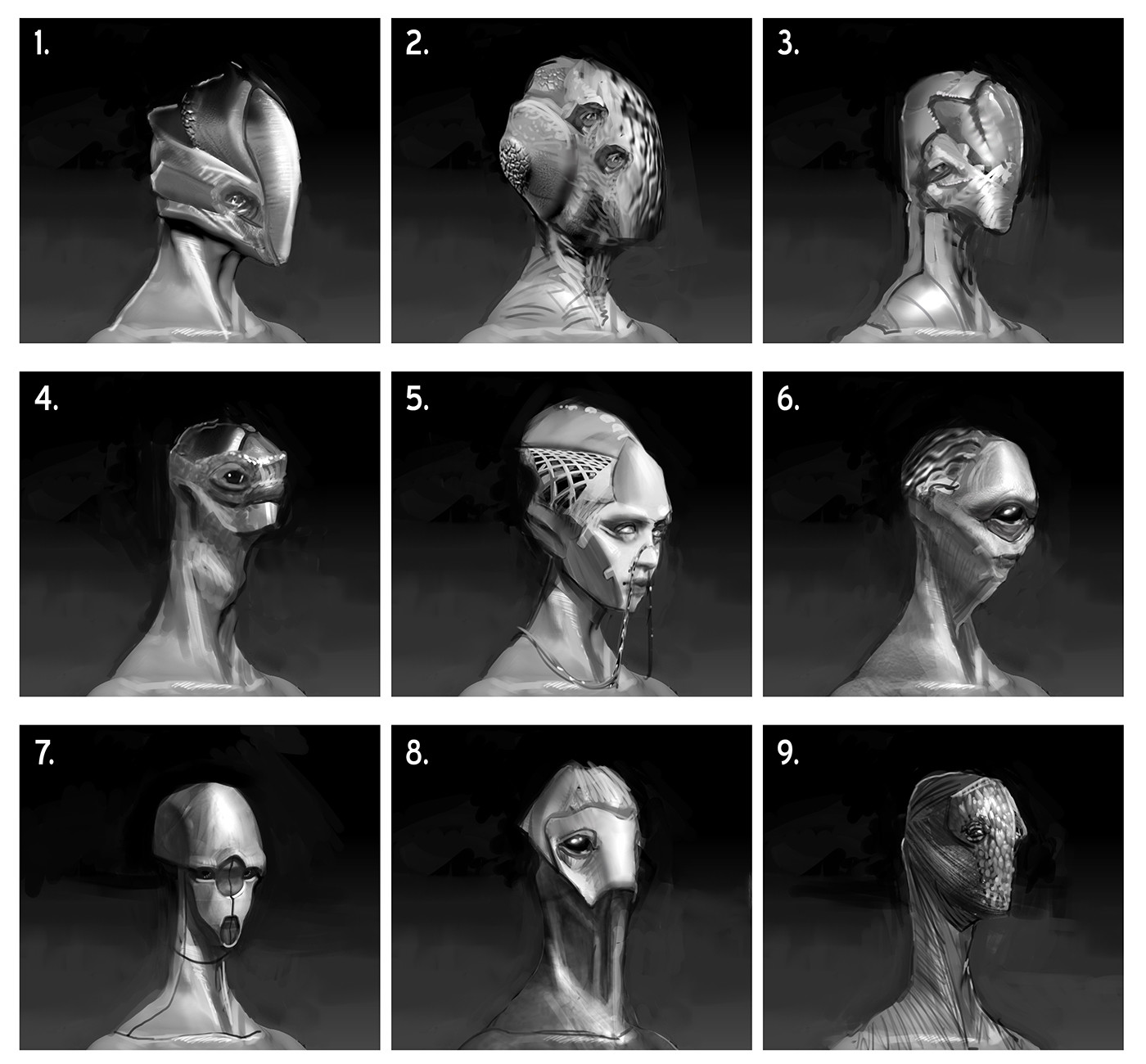 Design thumbnails for the face of the alien.