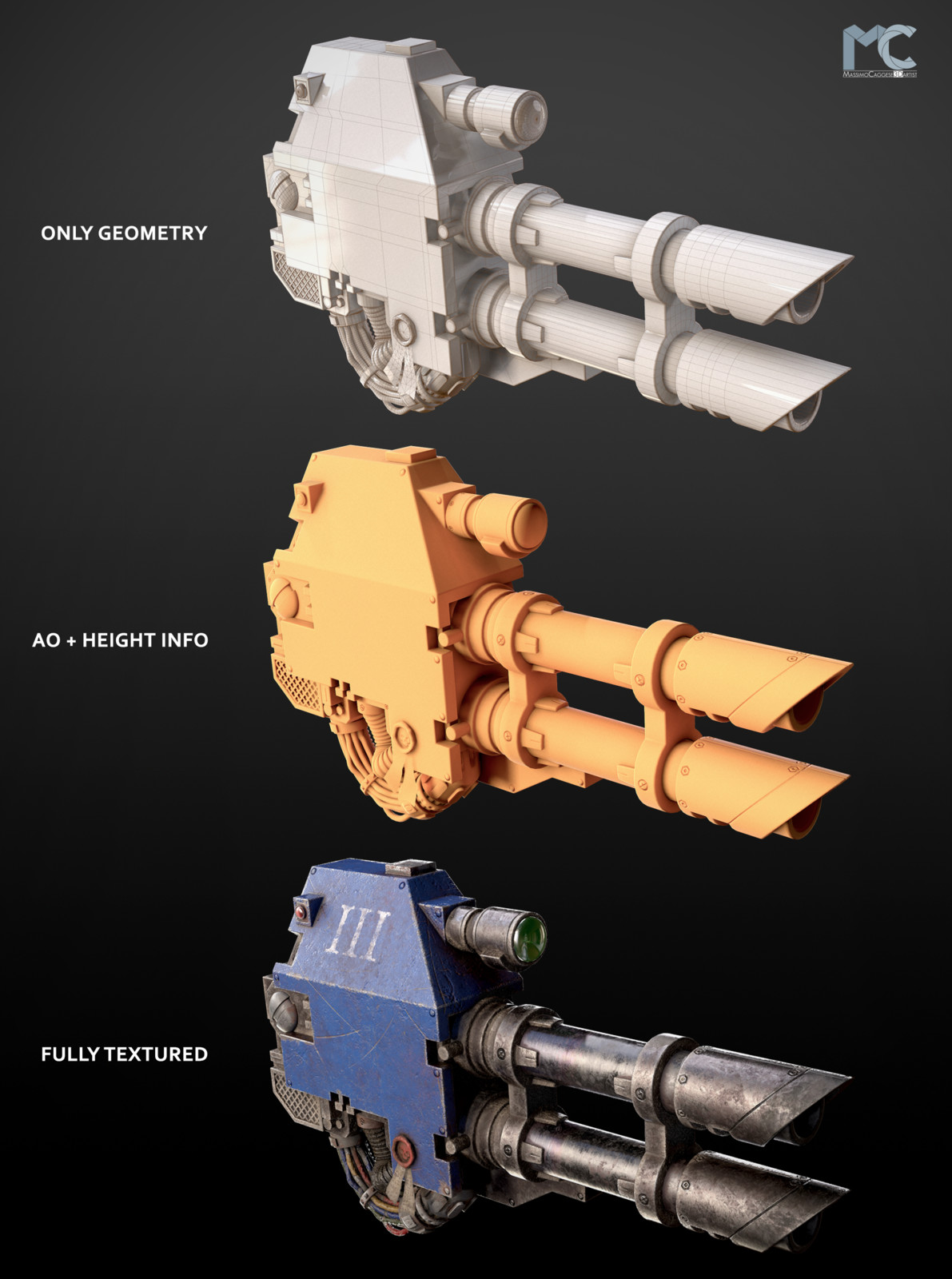 Work steps: geometry --> height info --> textures (Marmoset Toolbag 3).