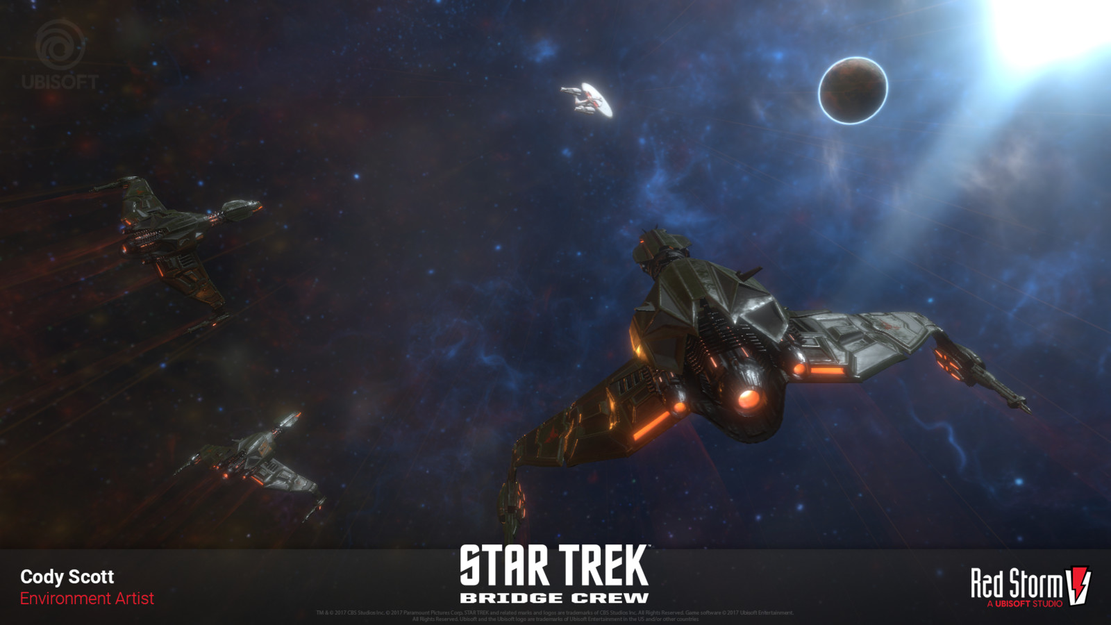 Wallpaper I worked on for the game. I modeled and textured the klingon ships, I set up and lit the scene. Other artist at Red Storm made the aegis ship, star, planet, and skybox