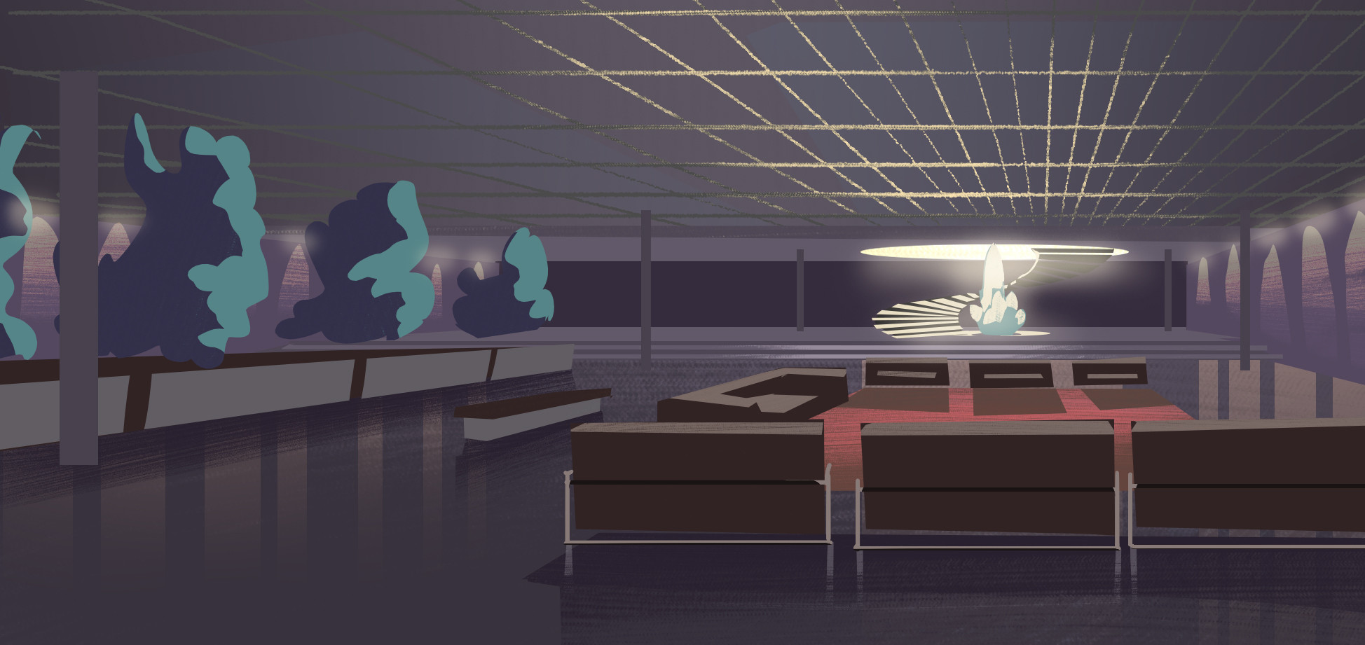 Mid-Century Office Lounge at Night - exaggerated photo