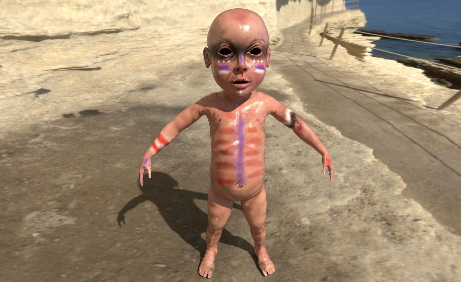 Basecolor of baby has been made in Zbrush, then I exported normal maps and base color maps, corrected them in Photoshop, sent to Substance painter for additional texturing, this is one of the tests.