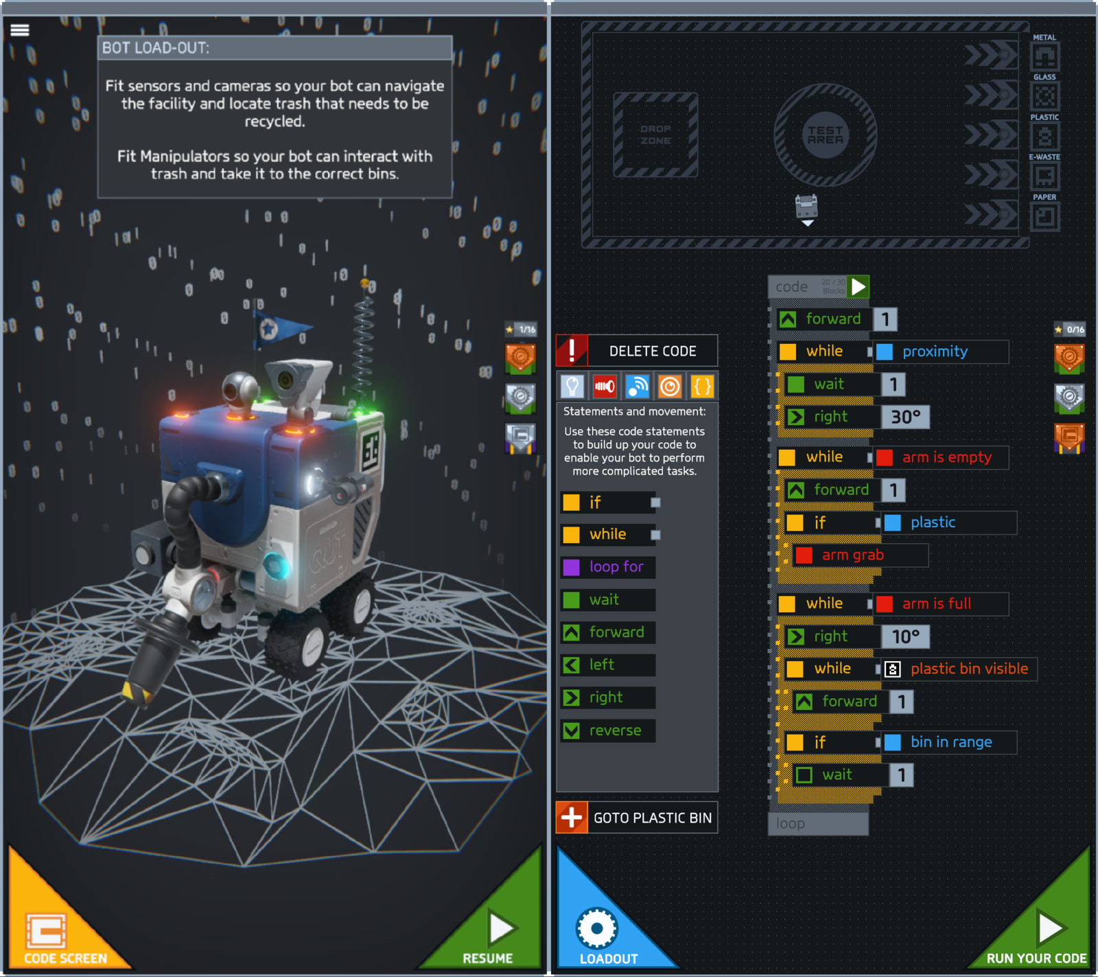 Bot Loadout Area and "RoboCode" Codescreen UI.