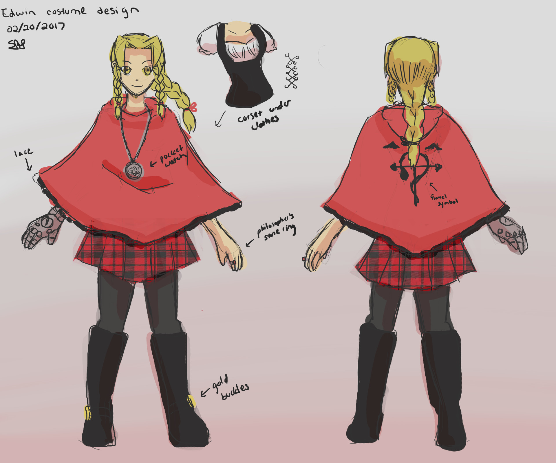 As a costume idea, I designed a female version of Edward Elric from Fullmet...
