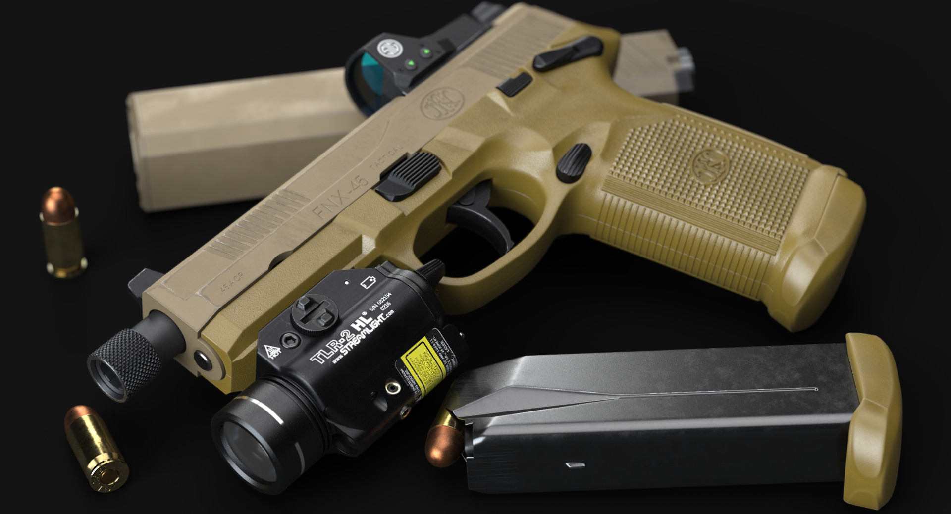 FN FNX-45 Tactical, Sight, Flashlight, Silencer (High-poly) .
