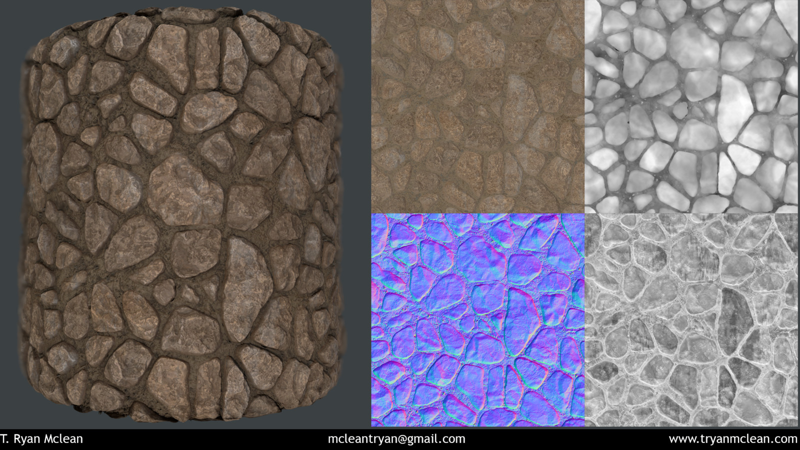 Stone Wall. Created in Substance Designer. Rendered in Marmoset Toolbag. Texture Flats of Albedo, Height, Normal and Roughness.
