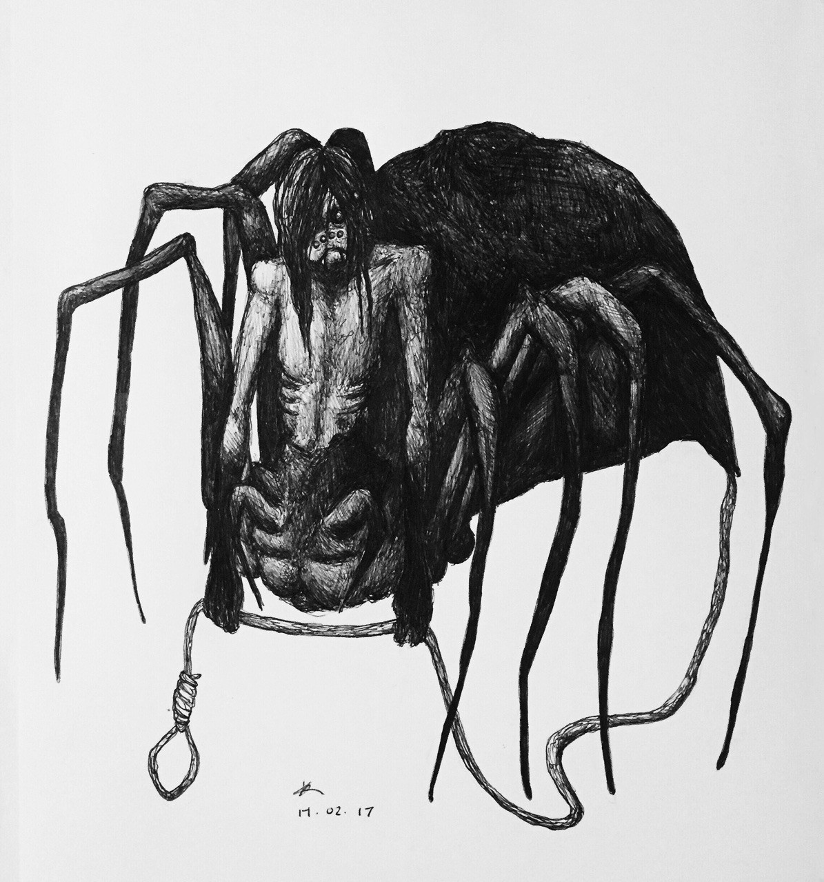 Concept art for a half human, half spider monster. 