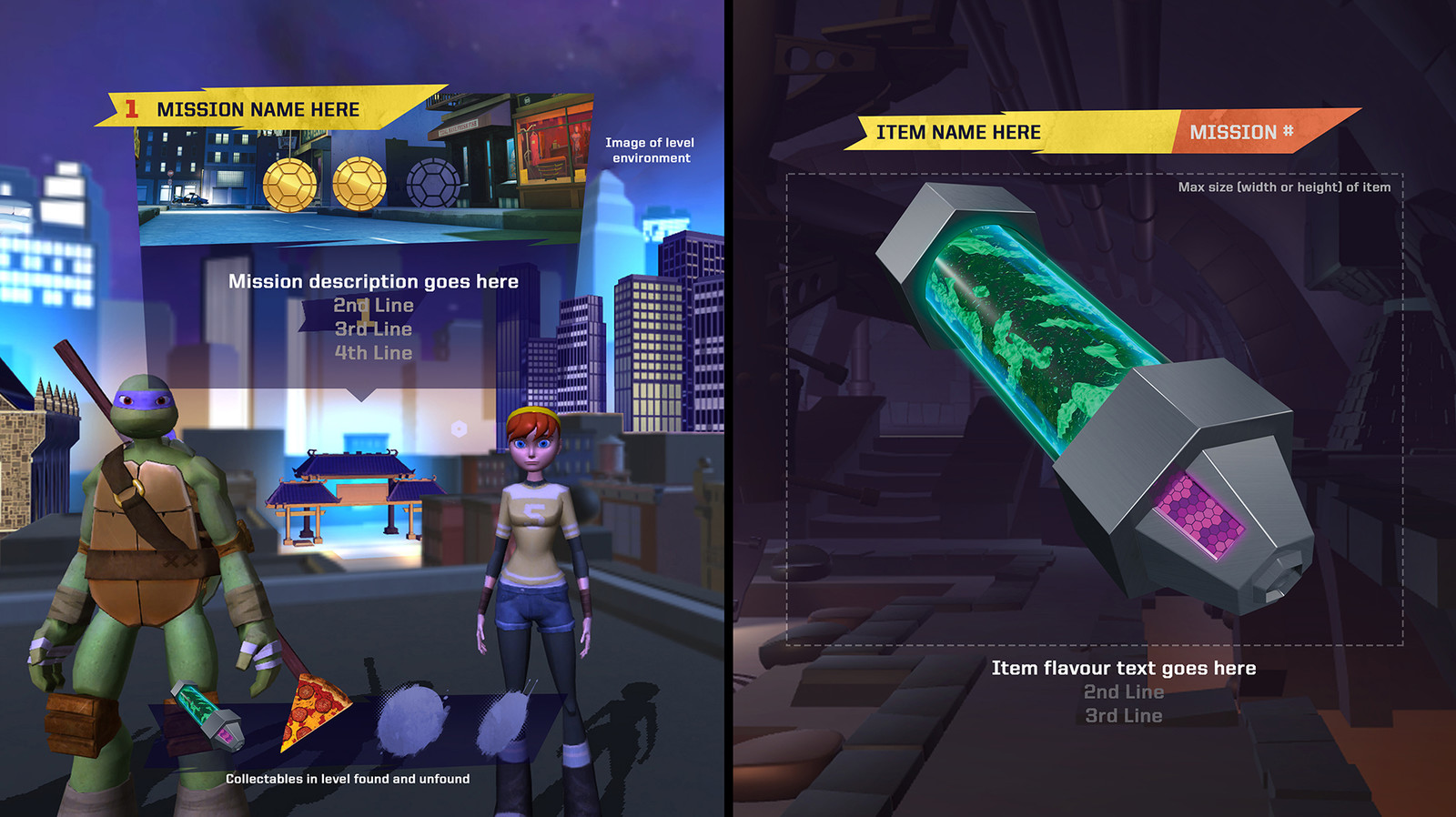 UI/UX design for the Mission Select &amp; Item Inspection Screens