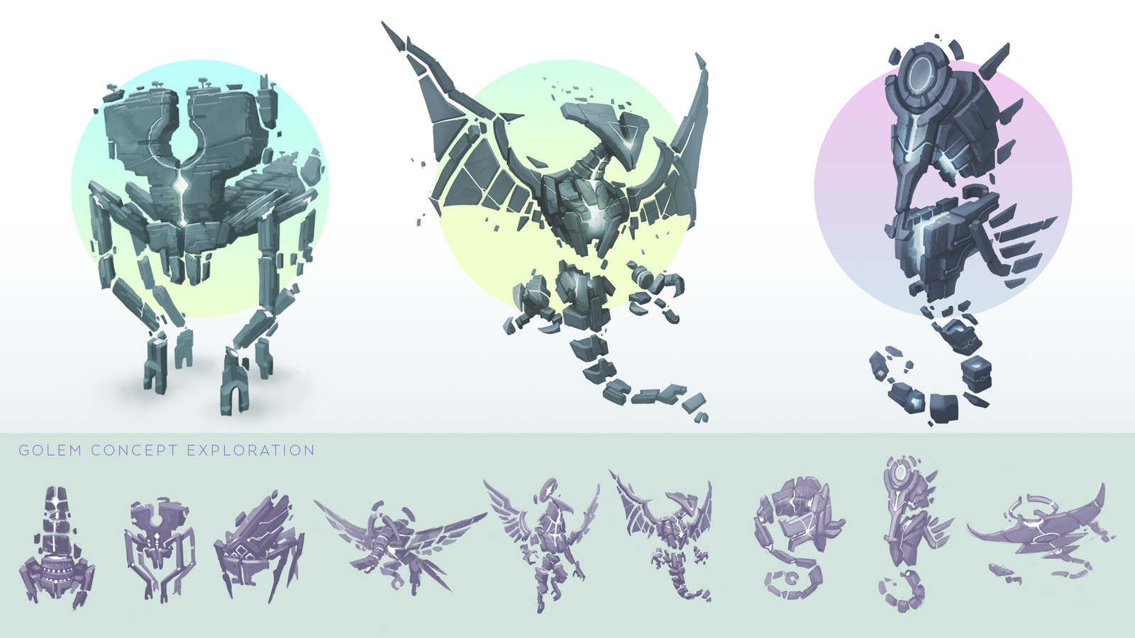 A few concepts of the game's giant golems - as the player completes a level island, it transforms into one of these ancient creatures.