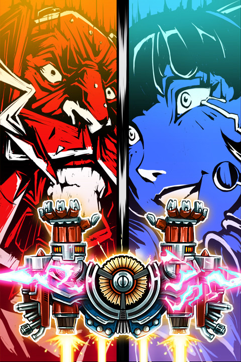 Concept showing the combination mechanic and animation in-game. 
Cpt McMann and Abigail combine their ships to become a flying ship-scrapper, with each player controlling one hand.