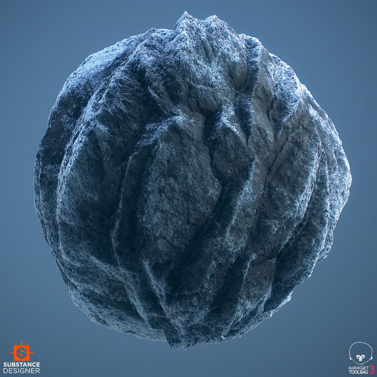 Material study of a chiseled type rock with frost. 100% Substance designer, rendered in Marmoset.