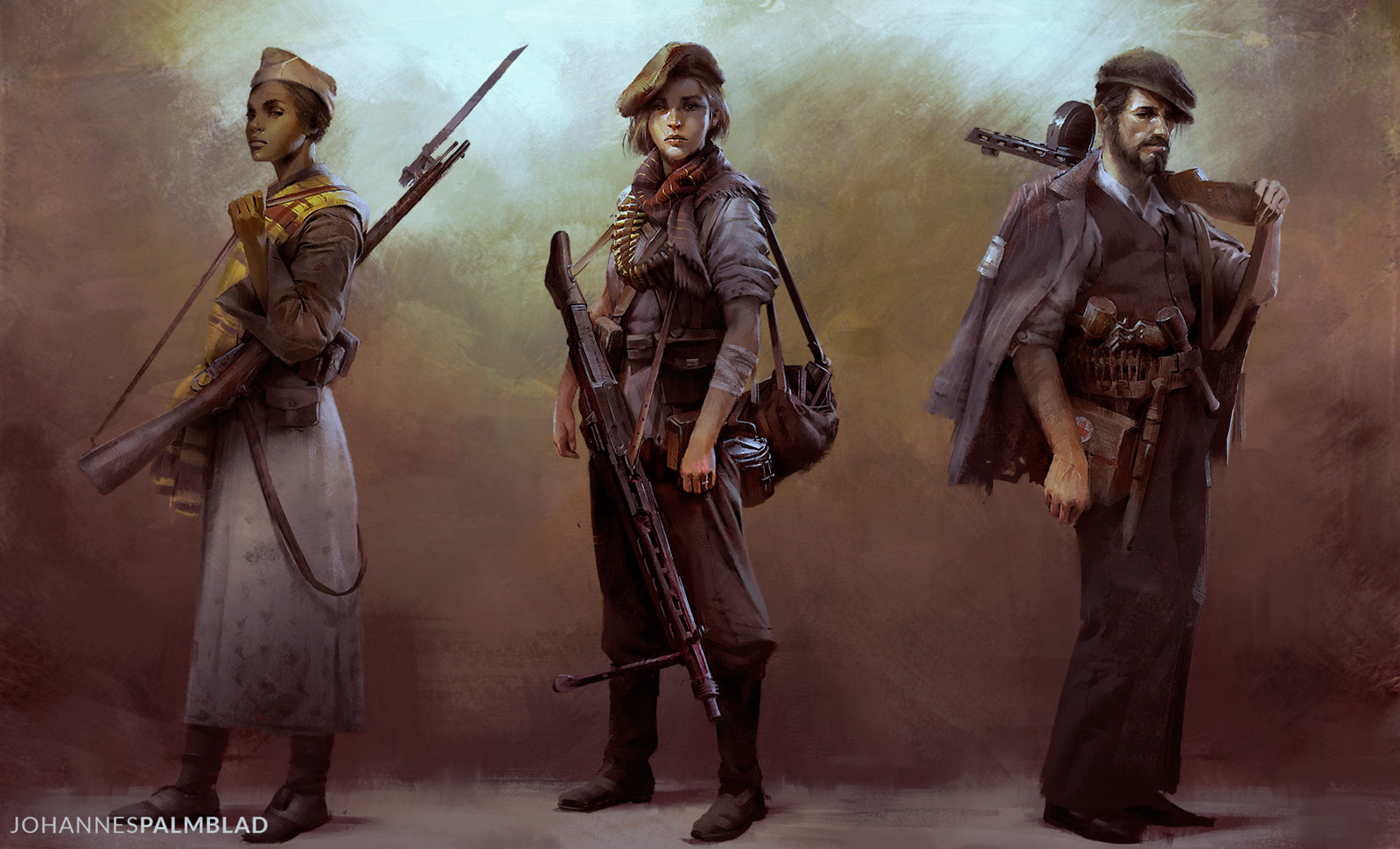 Character designs for the three fighters from different partisan factions during World War 2 and the interwar period.