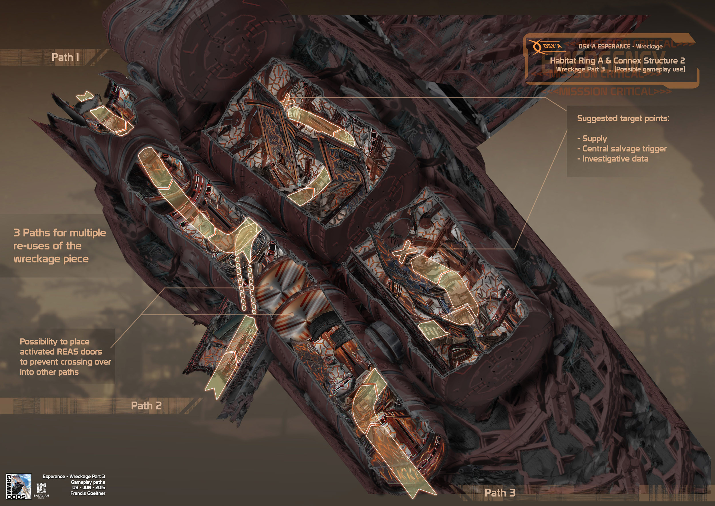 Grimm Odds - Spaceship wreckage interior - Possible player movement indication,