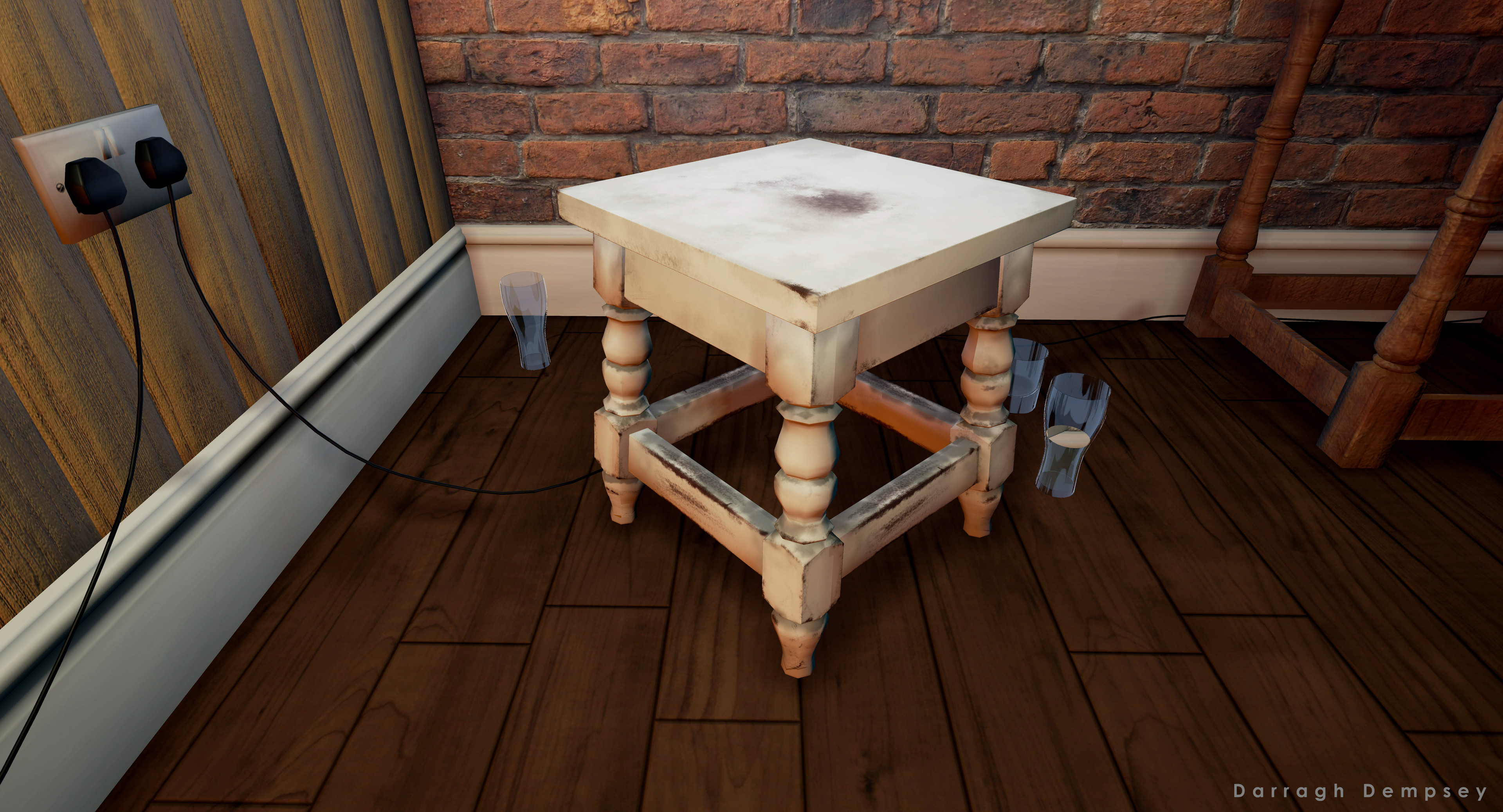 Stool modeled to the exact size of the original. This is the seat that the viewer sits on both inside and outside of the virtual environment. Unreal Engine screenshot.