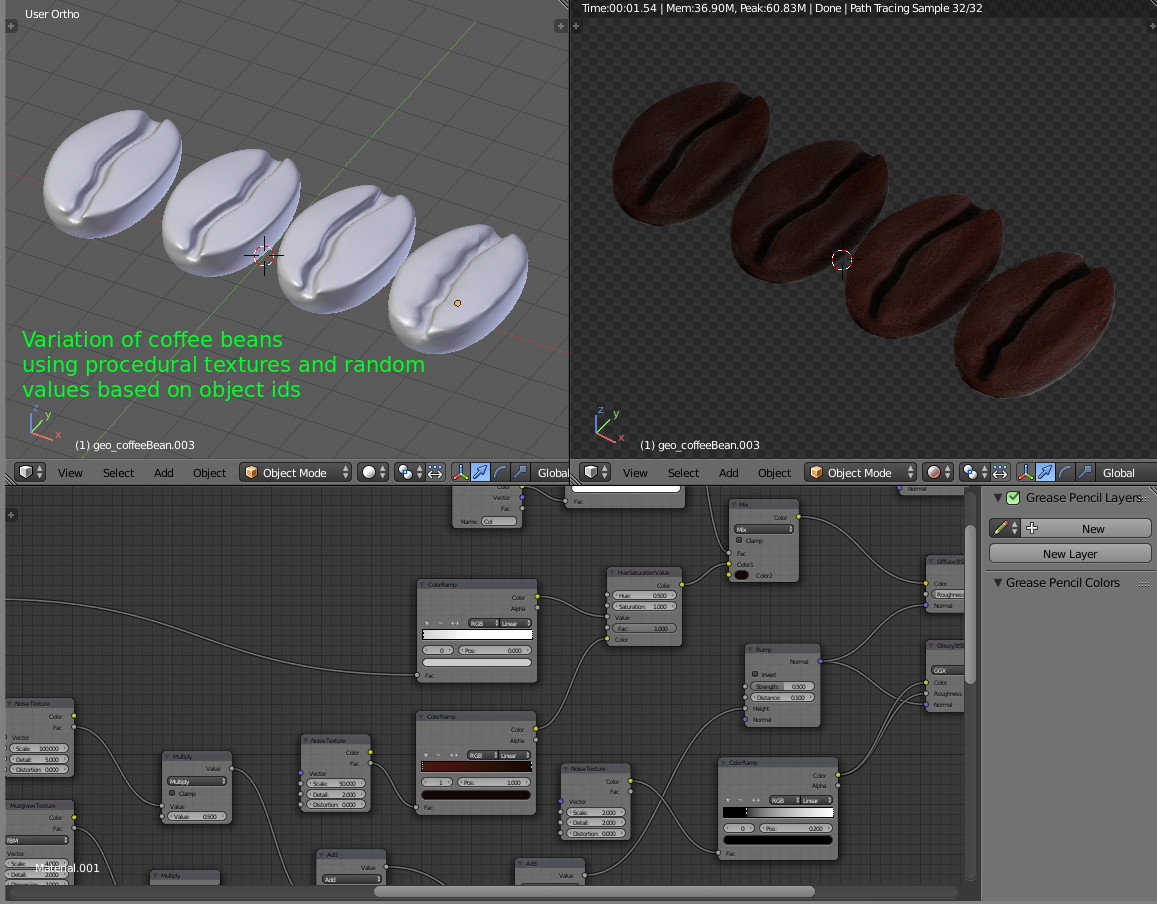 Coffee beans modeling, look dev and then scattered using rigid body