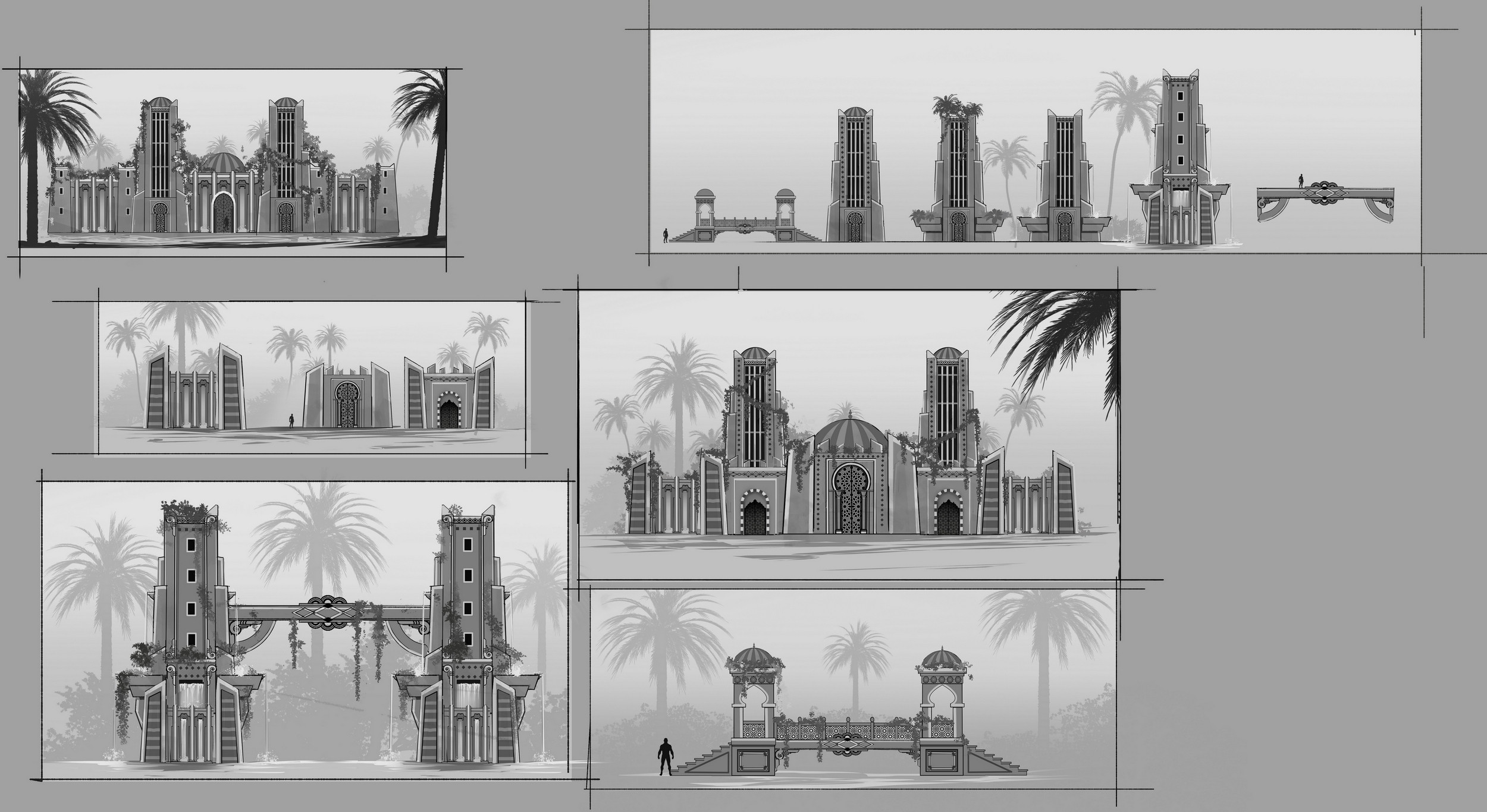 Some black and white sketches done before the concept .