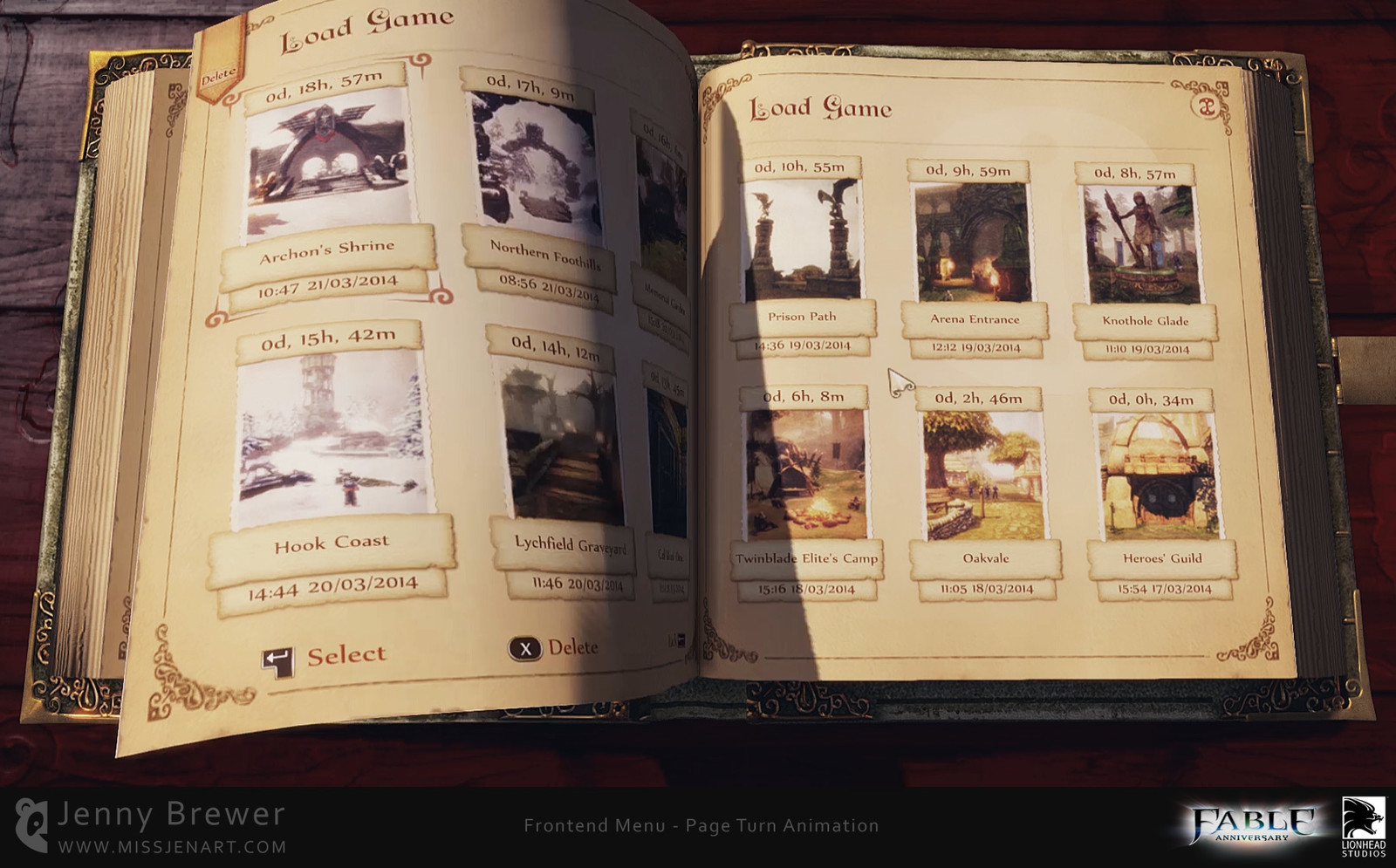 The UI is placed on top of a 3D model of the book and positioned using render targets, this allowed us to create realistic page turning animations as the player navigates through different pages.