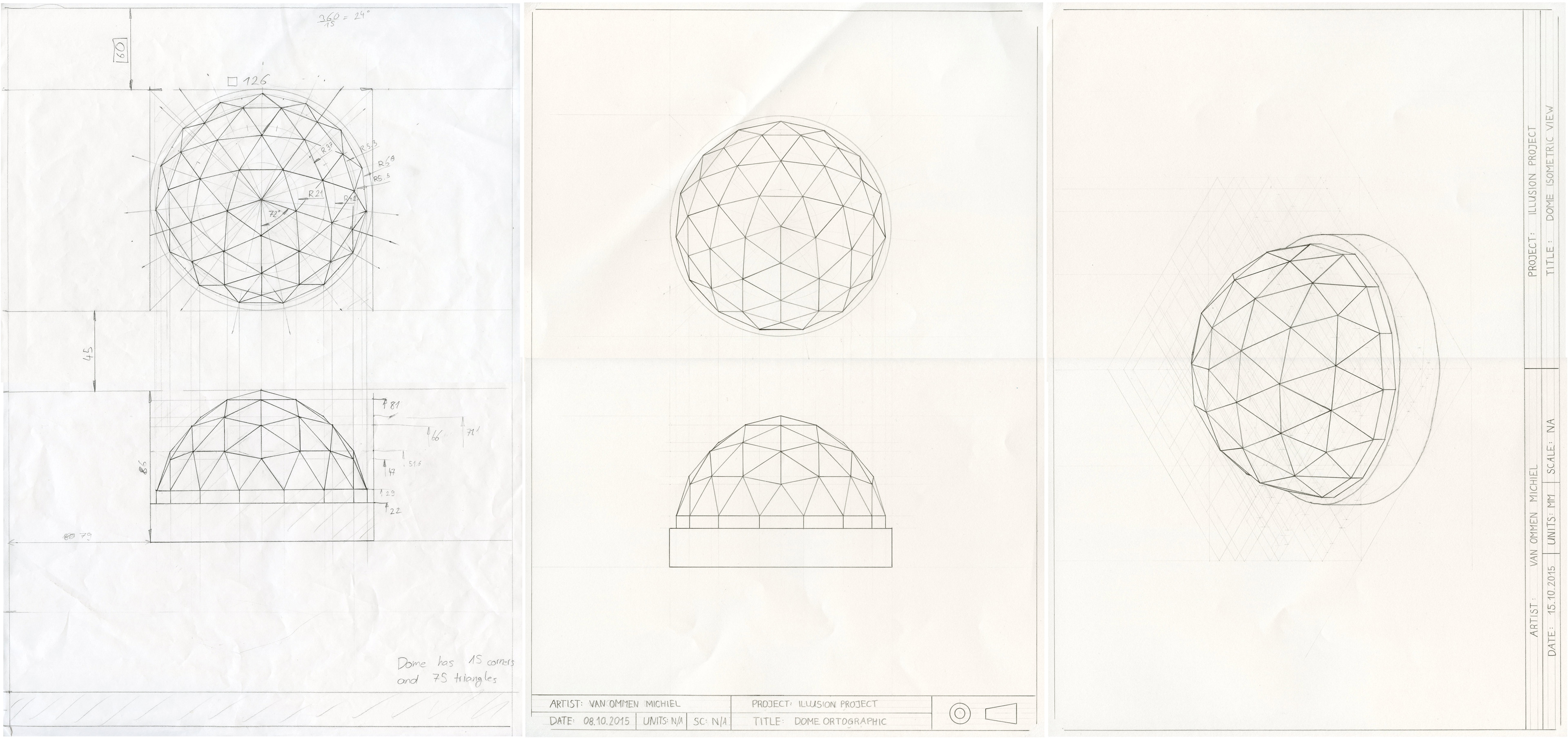 Process of creating a dome made out of triangles - from sketch to isometric