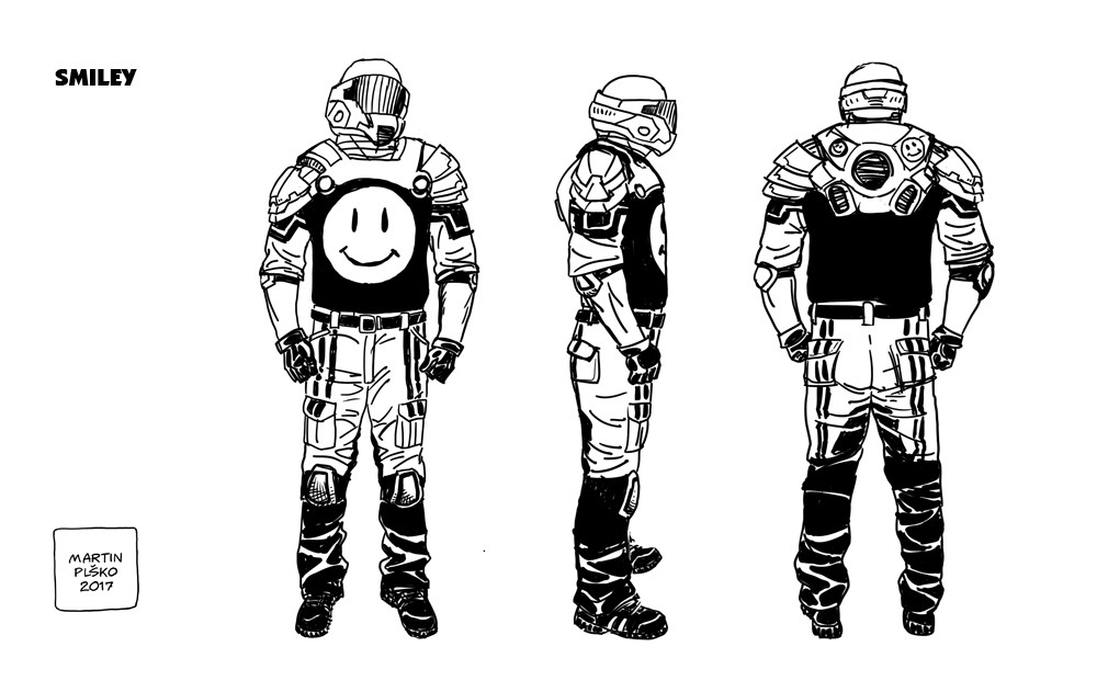 Smiley. Yepp, that´s a nod to Watchmen, as requested by the writer.