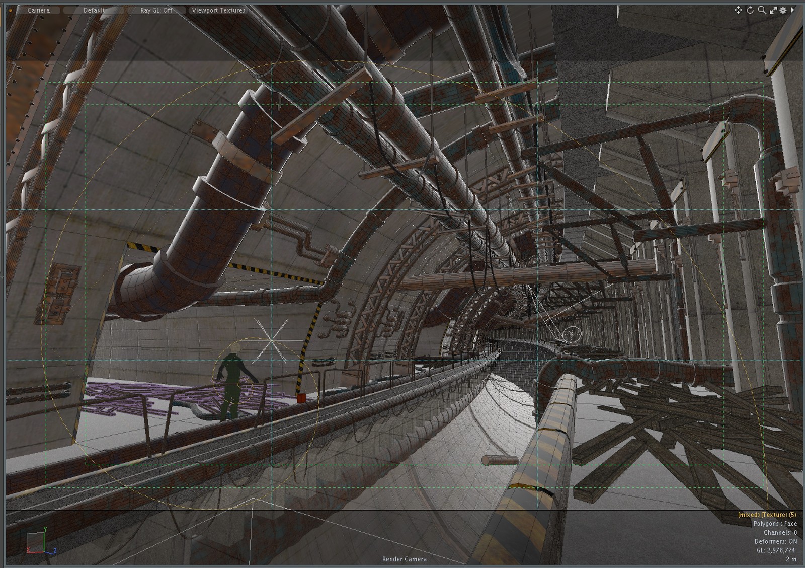 The scene was entirely constructed in Modo, with a bit of help from the model bashing kit. A lot of the objects were repeating elements which were later combined and bent to create the tunnel shape.