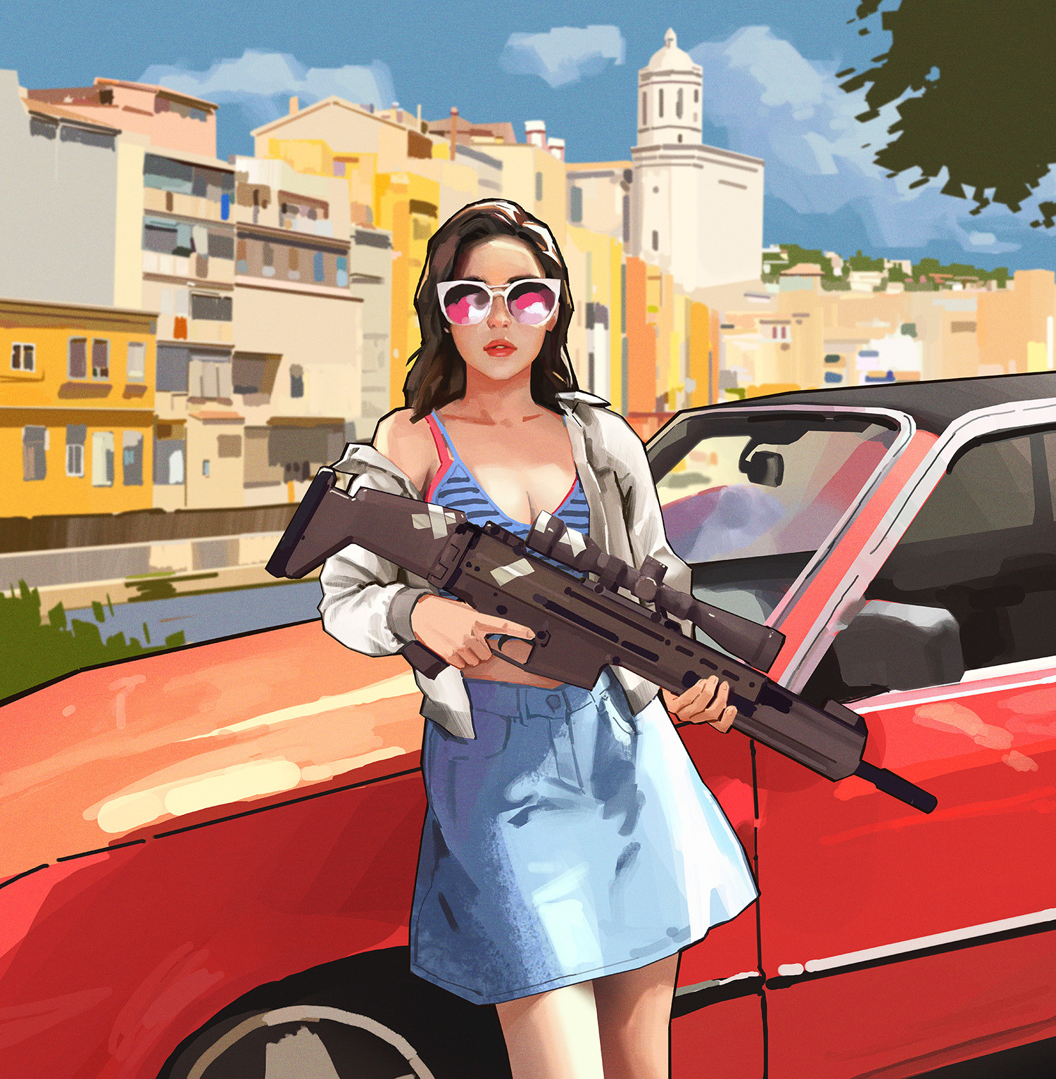 Игра гта девушка. Девочка с оружием мультяшная. Девушка с ружьем в автомобиле. Мультяшная девушка с автоматом. Женщина с оружием Постер.