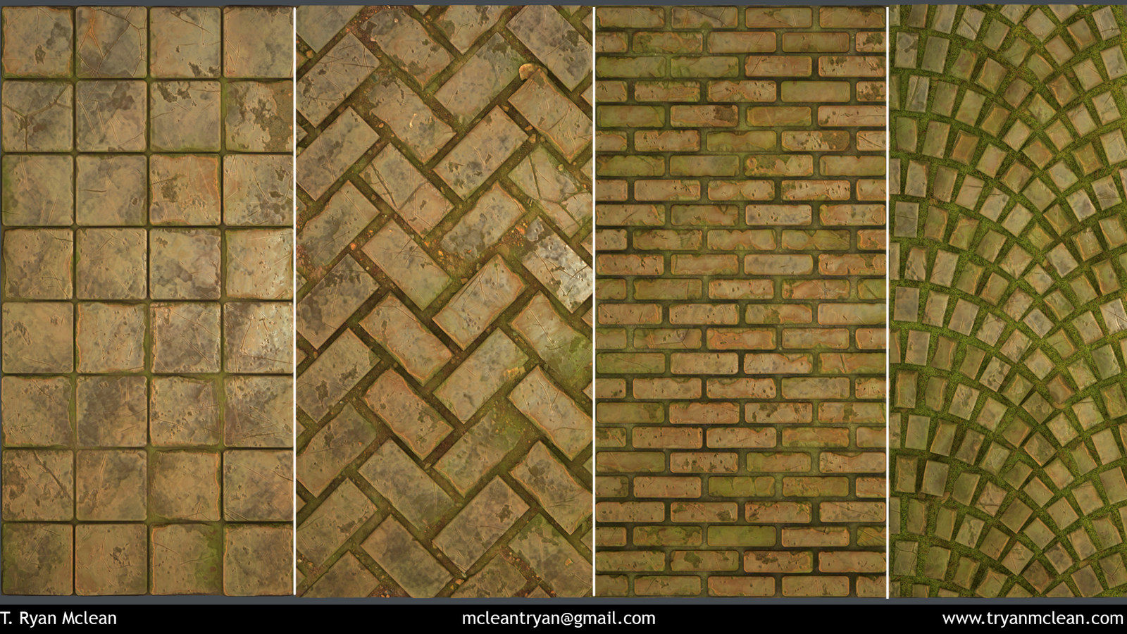 Flats of sample patterns. 8x8 tiles, herringbone, brick and arc cobblestone. 