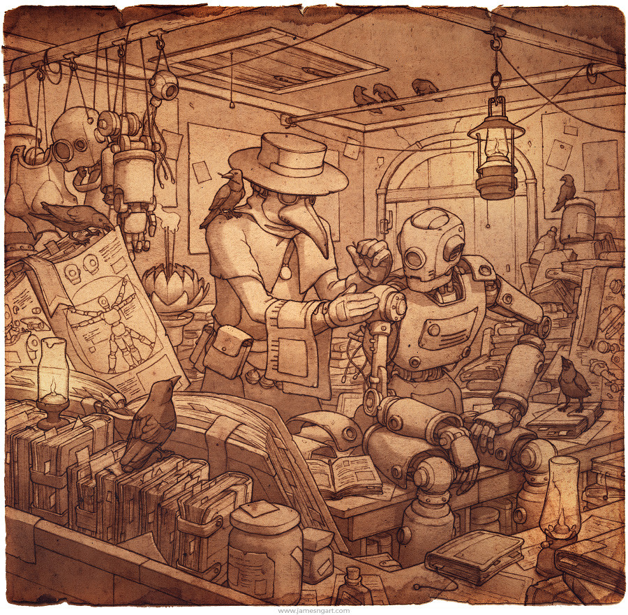 Plague Doctor and Robot steampunk illustration