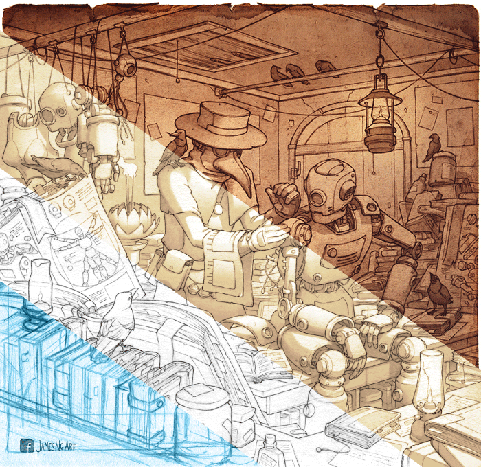 Drawing process. I used a lightbox after shuffling the elements for composition. The shading was done via photoshop.