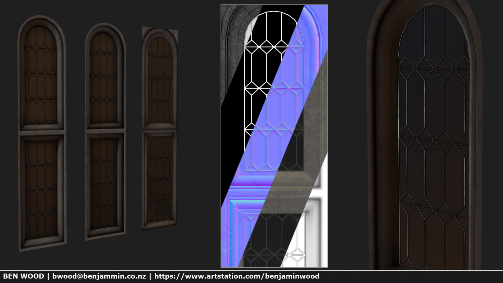 Window Mesh  &amp; Texture Break-down (showing LODs). Modelled in Maya, textured in Photoshop and Quixel Suite.