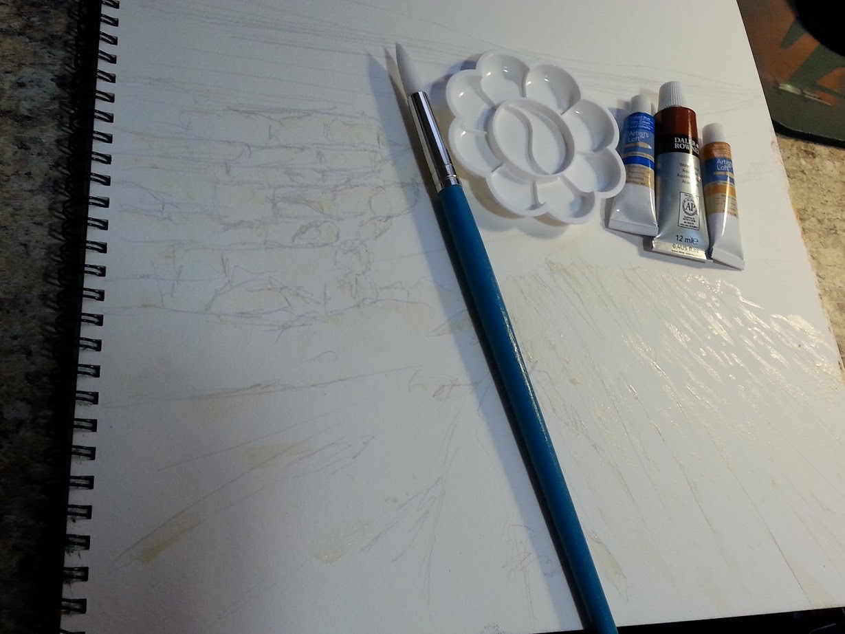 My colors are Cobalt Blue, Yellow Ochre and Sienna water colors. I've already masked off areas that need to remain white with masking fluid.