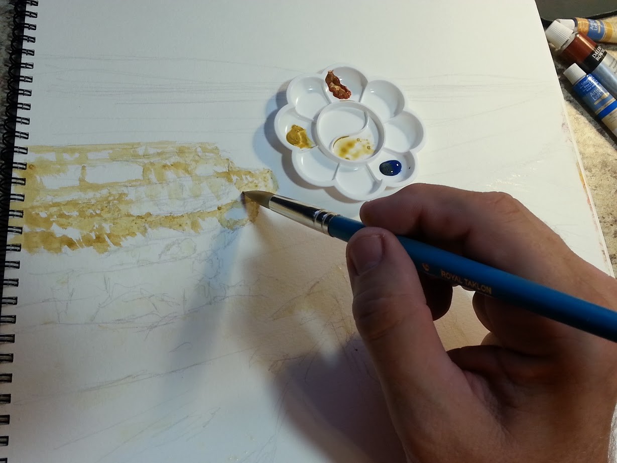 I start with the light details in the rock face.