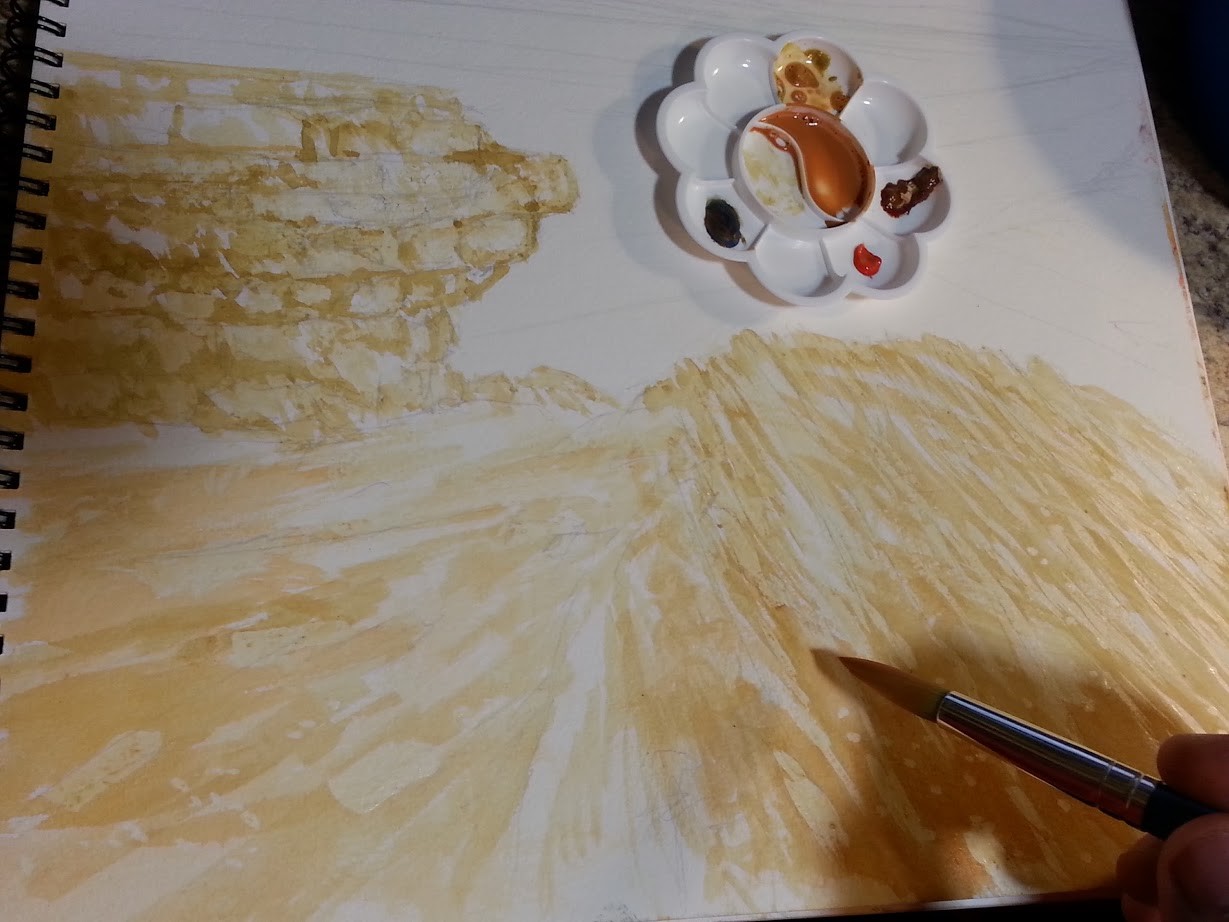 I continue to deepen the tones in the lifted up rocks on the right 
