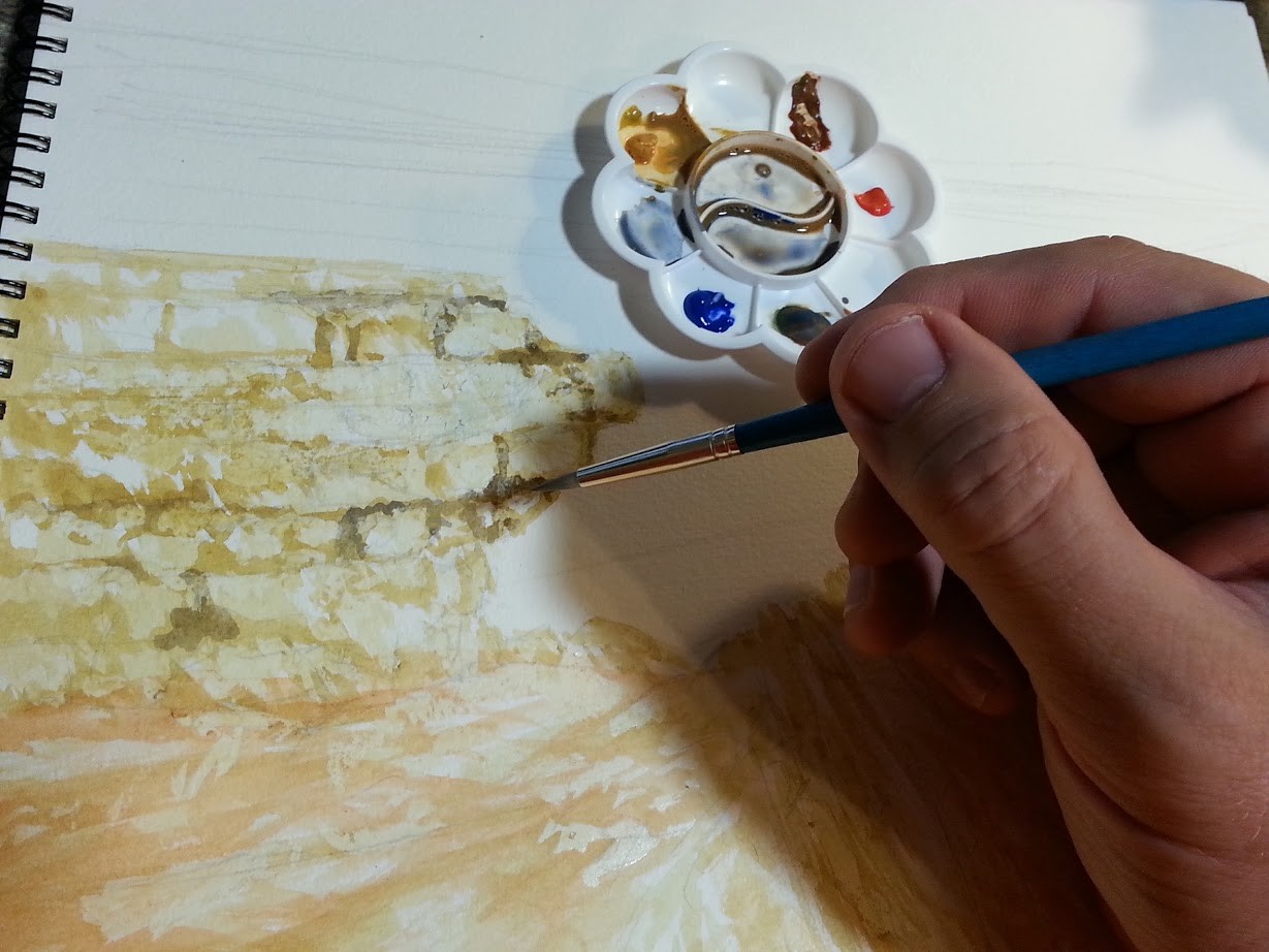 For the cracks in the rocks, I mix cobalt blue with a bit of red, sienna and yellow ochre to produce the darks. Here', I'm defining the recesses of the rock shelf.
