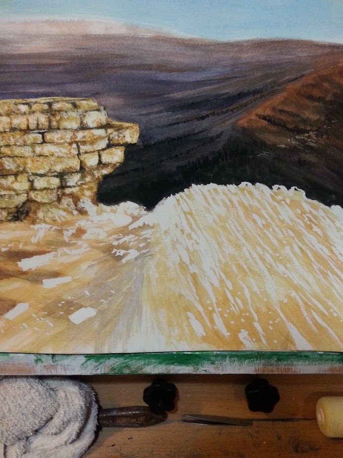 I use some ivory black to produce the forests seen on the ridge in the background